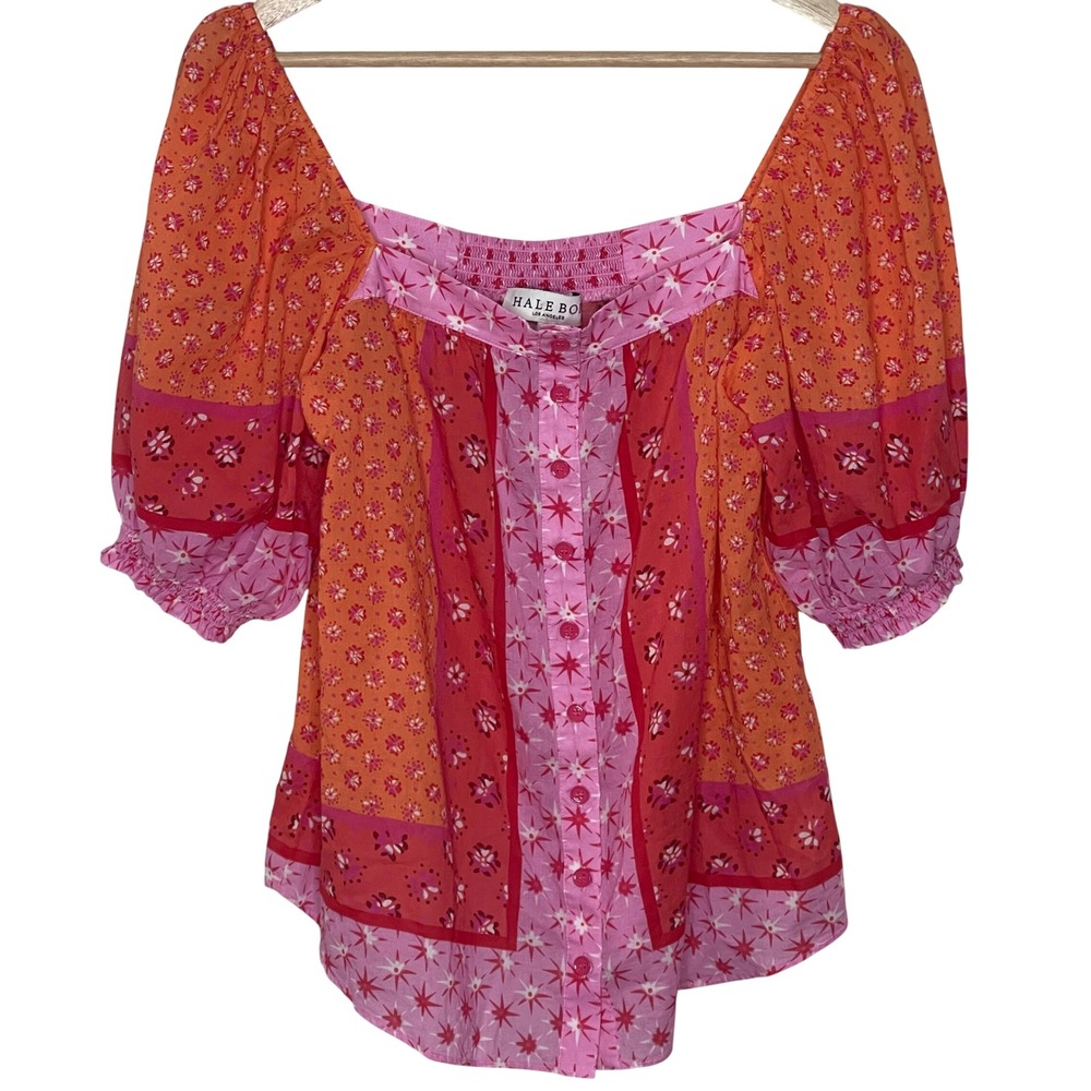 Hale Bob Womens Pink Orange Floral Starburst Patchwork Boho Puff Sleeve Blouse M